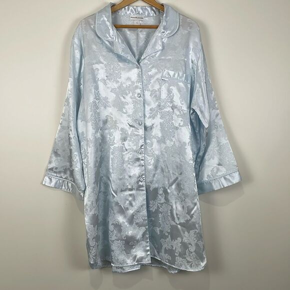 CLEARANCE Miss Elaine Vintage Nightgown XL Button Front Blue Satin 80s Brocade - Picture 1 of 9